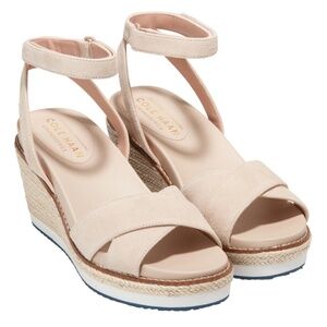 Cole Haan Beige Suede Ankle-Strap Wedge Sandals